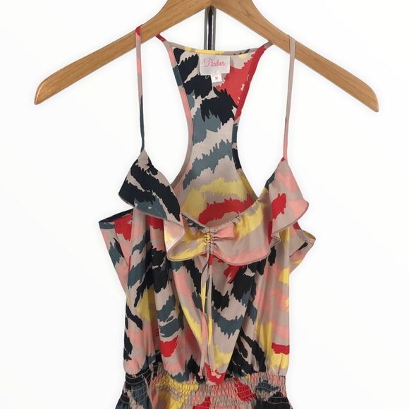 Parker Multicolor Print Ruffle Trim Square Neck Strap Racerback Dress size M - Picture 4 of 13